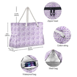 Large Capacity Purple Palaka Zipper Nylon Hawaii Flower Printed Portable Outdoor Shoulder Zipper Beach Tote Bag With Rope Handle - Product Image 5