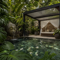 Pergola motorisée en aluminium étanche avec toit rétractable, lames orientables et coulissantes, drainage et éclairage LED pour piscine et patio