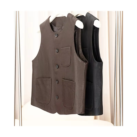 3244 Factory Price Genuine Leather Vest Wholesale Solid Color O Neck Women Leather Waistcoat