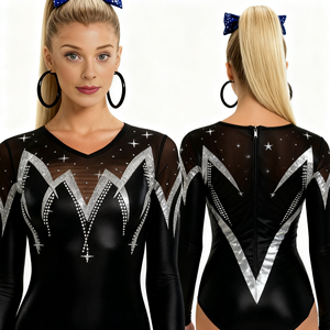 Гламурный металлизированный костюм для гимнастики из спандекса с сетчатыми вставками и звездами для девочек, тренировочный танцевальный костюм - Product Image 3