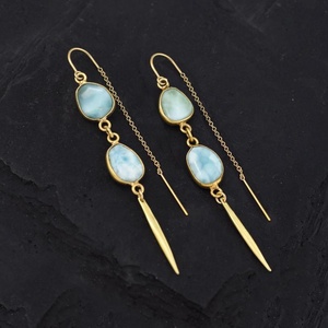 92.5เงินสเตอร์ลิงกับทองโปแลนด์ธรรมชาติท้องฟ้าสีฟ้า Larimar แฟนซีรูปร่างพลอยแฟชั่นหรูหราต่างหู - Product Image 3