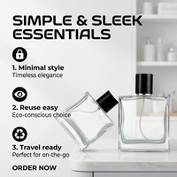 Flacon de parfum en verre borosilicate transparent plat de 50 ml avec bouchon à vis, décalcomanie, atomiseur réutilisable, couleur personnalisée, longue durée