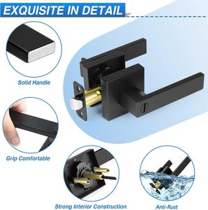 Poignée de porte carrée noire mate avec serrure à levier, sans clé, pour intérieur, réversible pour portes à ouverture gauche ou droite - Product Image 3