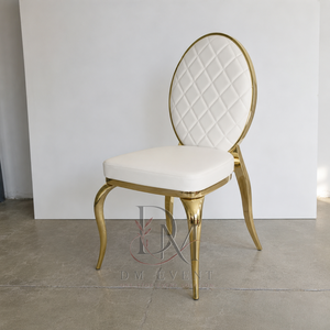 Silla de Recepción de Boda de Acero Inoxidable Dorado con Respaldo Ovalado Acolchado de Diamantes y Cojín Blanco para Salones de Banquetes, Asientos al por Mayor - Product Image 2