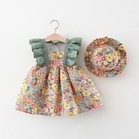 Vestido Floral de manga voladora para niñas, vestido de princesa floral con gorro suave, ropa para niñas pequeñas