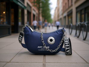 Borsa a tracolla a forma di luna, chiusura con cerniera in nylon, ornamento in metallo, motivo a lettere, borsa a tracolla alla moda per tutte le stagioni - Product Image 2