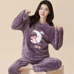 <strong>Lady</strong> <strong>Flannel</strong> Thermal Soft Sleepwear Autumn Winter Thick <strong>Pajamas</strong> Cute Loose Casual Two Piece Set Elastic Waist Closure Home Wear - Product Image 3
