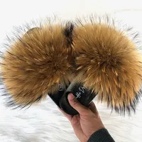 Real Brown Soft Fox Fur Slides Slippers