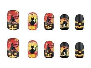 Fournitures pour ongles Produits de beauté Appuyez sur les ongles <span class=keywords><strong>Halloween</strong></span> <span class=keywords><strong>Orange</strong></span> Night Evil Pumpkin Hat Cat Nails Wearable Reusable 24Pcs Finger - Product Image 5