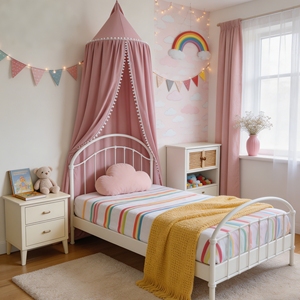 Baldacchino per <span class=keywords><strong>Letto</strong></span> Bambini Stile Nordico con Bordo in Pompon - <span class=keywords><strong>Zanzariera</strong></span> a Cupola Pieghevole in Poliestere per Stanza delle Bambine, Angolo Lettura e Tenda da Gioco - Product Image 3