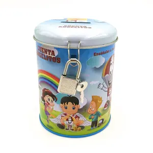 Hotsale aangepaste ronde cartoon coin bank tin kan met slot en sleutel voor kinderen