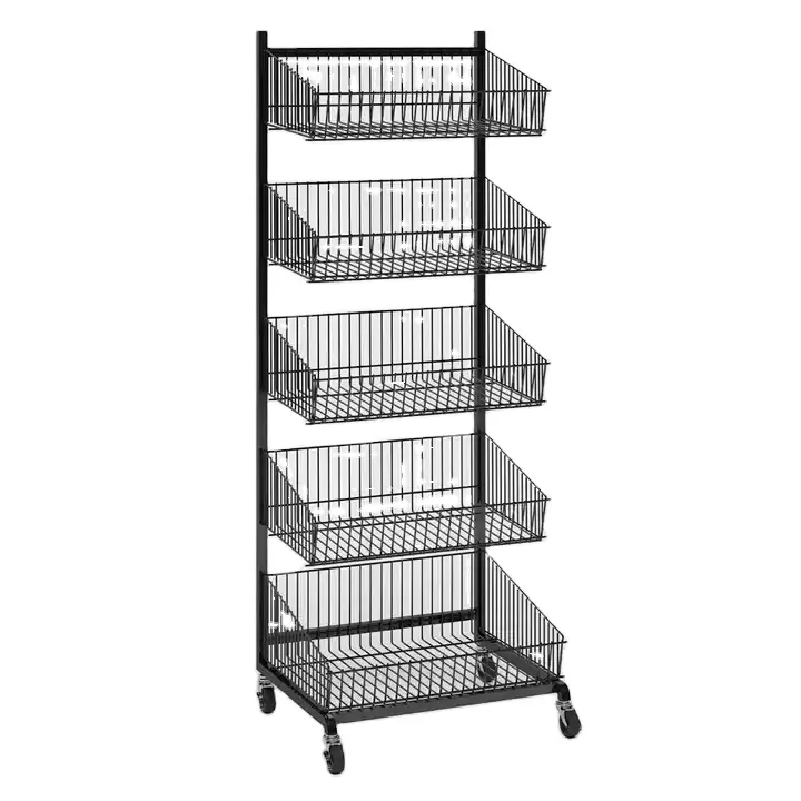 Freistehender 5-stufiger Metalldraht korbst änder Gemüse-und Obst lagerung Convenience Store Snacks Display Rack mit Rädern