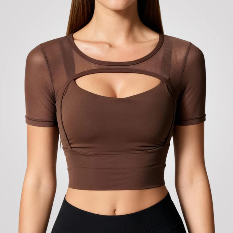 Sexy Mesh Sports Fitness Workout Running Clothing Cutout Workout Top Womens Activewear Short Sleeve Padded Crop Top