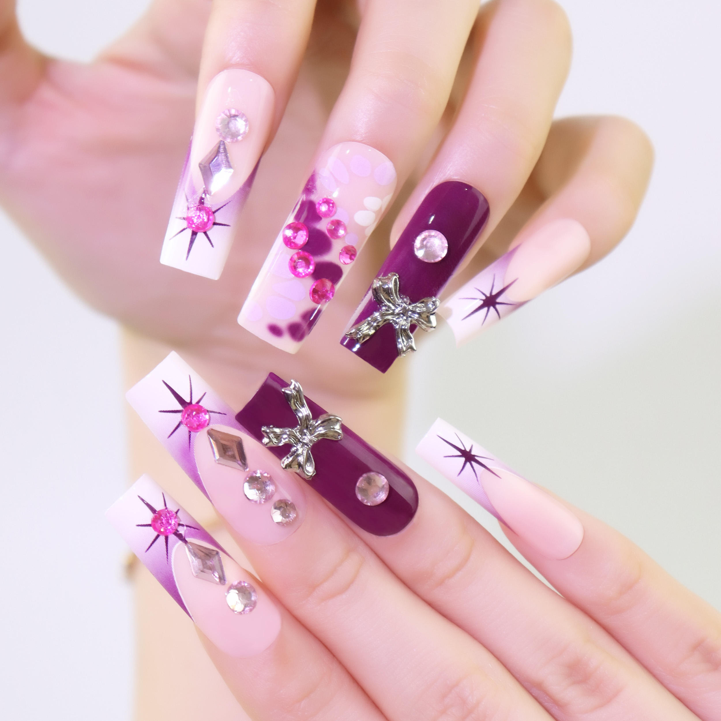 AIERFEI Wholesale High Quality Pink French Long Square Press on Nails Luxury Rhinestones False Nails Flower Artificial Nails