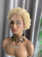 Perruque complète sans colle en cheveux humains DX658 pour femmes africaines, blonde 613, courte, afro crépue bouclée, en dentelle suisse, nouée à la main, fournisseur