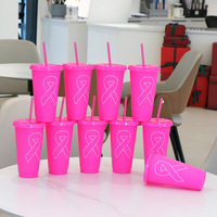 Gobelet isotherme réutilisable 24oz avec ruban rose pour la sensibilisation au cancer du sein, avec paille, double paroi, couvercle en plastique PP, style épuré, tasse droite