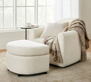 Muebles de sala de estar blanco crema pequeño acolchado redondo terciopelo copetudo reposapiés Gideon otomano con almacenamiento - Product Image 2