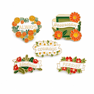 Spilla in metallo smaltato morbido con design floreali Cottagecore, ispirazione per lettori: Sempre Coraggio, Gentilezza, Persistenza. Regalo all'ingrosso. - Product Image 1