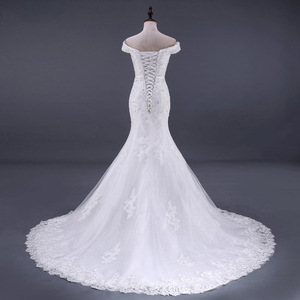 Mermaid Wedding Dress White V-Neck Lace Off Shoulder Trumpet Gown Vintage Style - Product Image 3