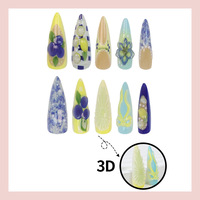 Faux ongles 3D à pointe longue, 24 pièces, motifs bleu, jaune, citron, porcelaine bleue et blanche, autocollants pour ongles, vente en gros