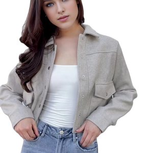 เสื้อโค้ทแจ็กเก็ตผู้หญิงแข<span class=keywords><strong>น</strong></span>ยาวผ้าสักหลาดปกสีเทาอ่อนมีกระเป๋ากระดุมแถวเดียวสำหรับแฟชั่<span class=keywords><strong>น</strong></span><span class=keywords><strong>ใหม่</strong></span>ออกแบบได้ตามต้องการ - Product Image 1