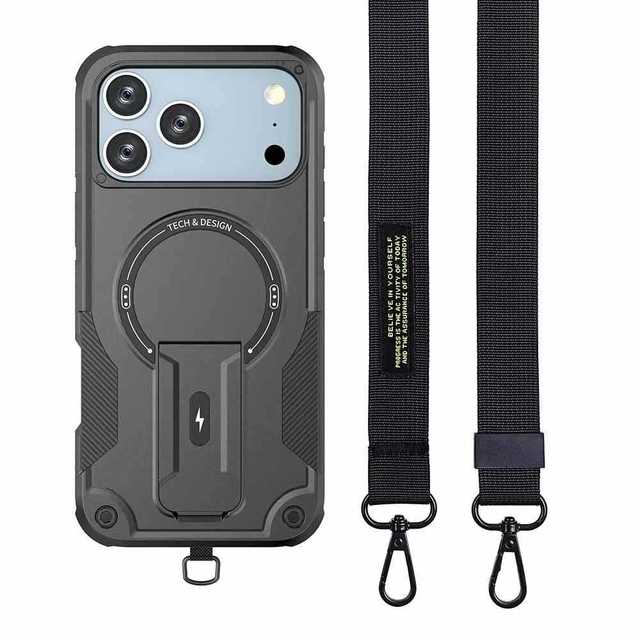 For iPhone 17 Pro Max Magnetic Case with Lanyard, Heavy Duty Stand Shockproof Mobile Phone Cover for iPhone 14 15 16 17 Pro Max