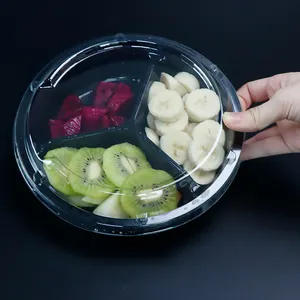 Jelas PET 3 Kompartemen Buah Pengiriman Salad Nampan Buah Piring Nampan Plastik untuk Buah