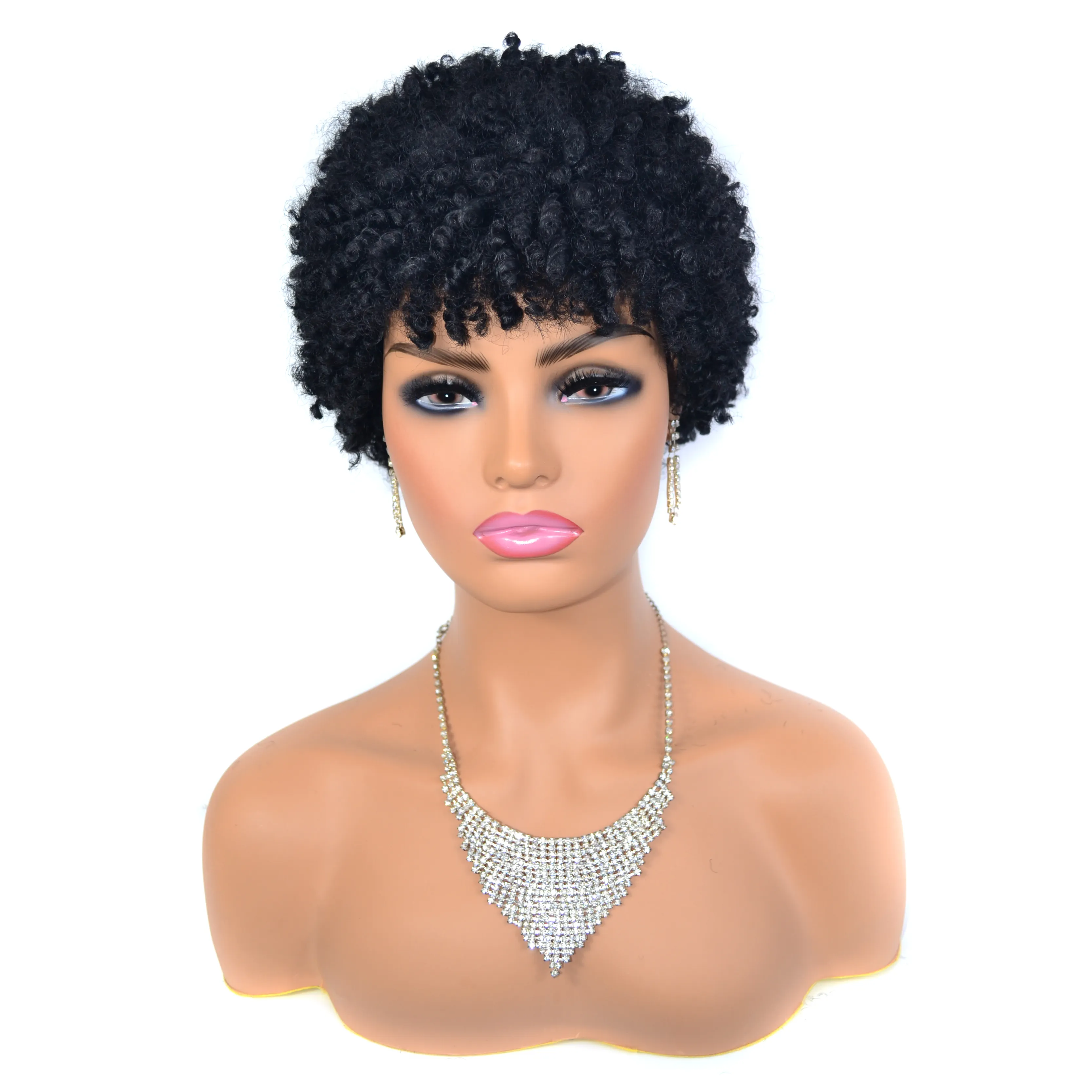 Pelucas rizadas cortas para mujeres negras, pelo humano corto con corte Pixie, sin encaje, hechas a máquina, Color negro, brasileño