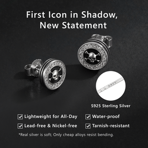 <b>Mens</b> Gothic Skull Crossbones Stud <b>Earrings</b> 925 Silver <b>Black</b> Enamel 5A CZ Iced Out Streetwear Hypoallergenic Water Skull <b>Earring</b> - Product Image 4