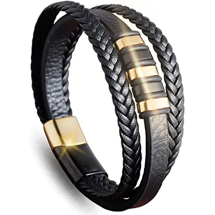 Stylish Braided Mens Bracelets Wrist Multilayer Leather Cuff Bracelet Stainless Steel Magnetic Clasp Leather Bracelet