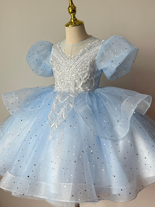 Abito Estivo Corto di Alta Qualità con Maniche a Sbuffo e Stampa di Stelle con Paillettes per Bambine, Outfit per Compleanno e Esibizioni di Pianoforte - Product Image 4