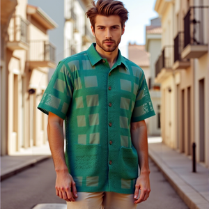 TKAN691 nuevo estilo OEM verano hombres Casual textura Crotchet botón Arriba camisa de encaje logotipo personalizado Vintage Crochet camisas calientes para hombre - Product Image 1