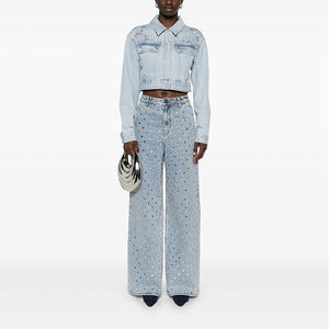 Jean <span class=keywords><strong>taille</strong></span> <span class=keywords><strong>basse</strong></span> pour <span class=keywords><strong>femme</strong></span>, coupe droite ample, denim délavé vintage, entièrement orné de strass, style streetwear sexy, look décontracté - Product Image 1