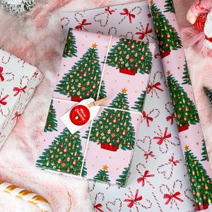 Yarcony Girl Christmas Wrapping Paper Roll 17 Inch X 33 Feet Pink Tree <b>Candy</b> <b>Cane</b> Bow Design Easy Tear Decorative Paper - Product Image 2