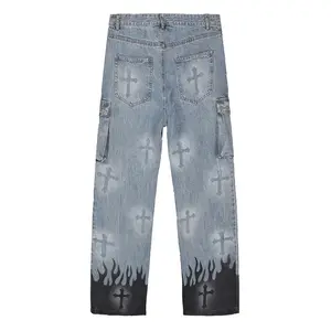 Pantalones vaqueros Retro de Hip Hop para hombre, Jeans sueltos con grafiti cruzado de estilo urbano, Hip-Hop, informales con múltiples bolsillos