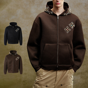 Sudadera con capucha KingSen de malla de perlas y pedrería de alto gramaje con cremallera, bordado personalizado, hombros caídos, estilo casual holgado, chaqueta Y2K - Product Image 1