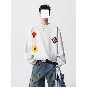Floral Embroidery Heavyweight Crew Neck Sweatshirt <b>Men</b> Trendy Brand Autumn Winter <b>Fleece</b> Lined Thickened Loose Black Casual <b>Top</b> - Product Image 1