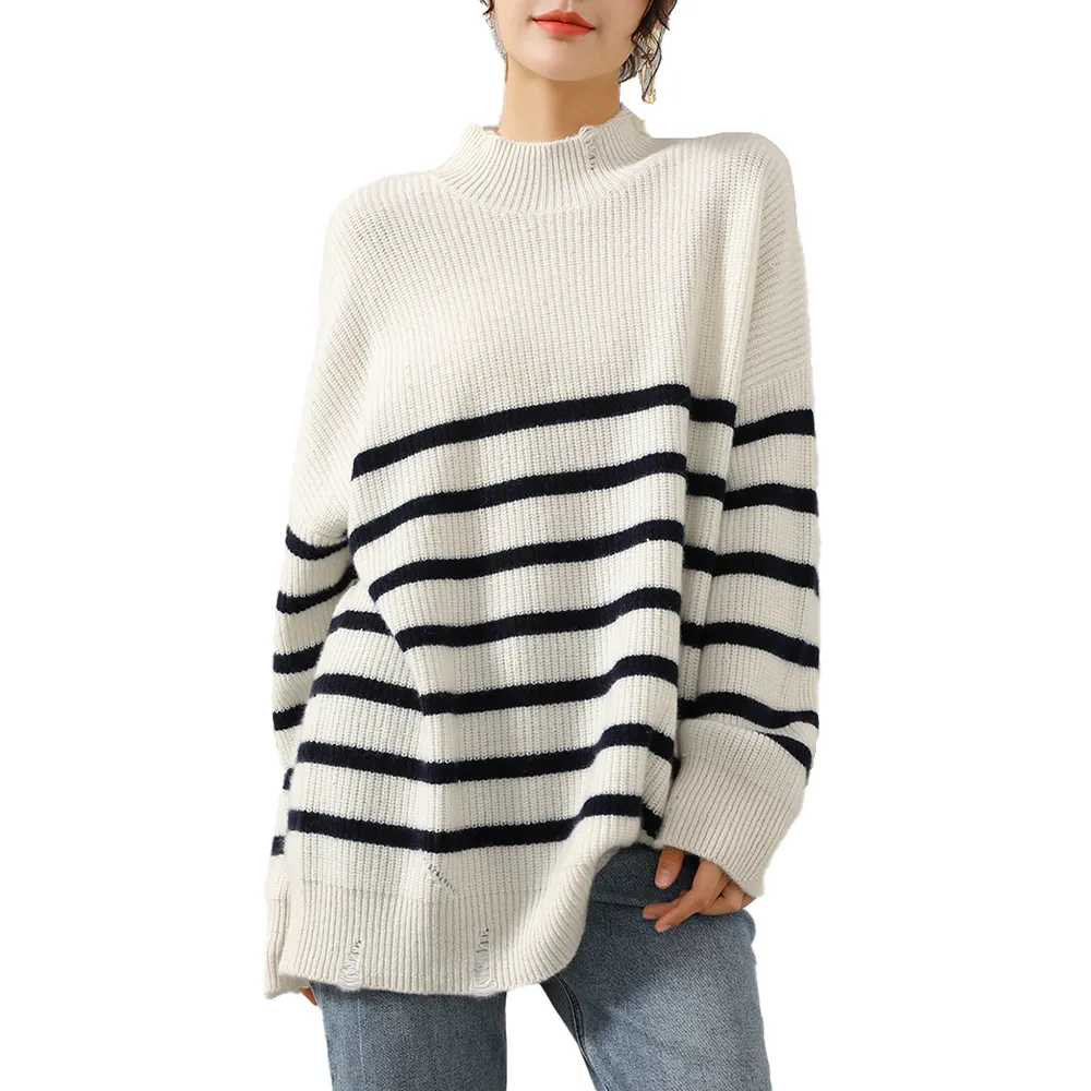 women round neck drop shoulder black stripe cotton pullover sweater