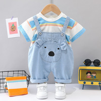 Ensemble de vêtements unisexe à rayures pour garçons, 2 pièces, en coton, combinaison décontractée en jean pour bébés filles, ensembles de vêtements pour bébés garçons
