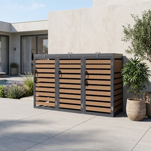 Armoire de rangement extérieure <span class=keywords><strong>3</strong></span> portes en acier galvanisé effet bois pour poubelle et <span class=keywords><strong>abri</strong></span> à déchets - Product Image 1