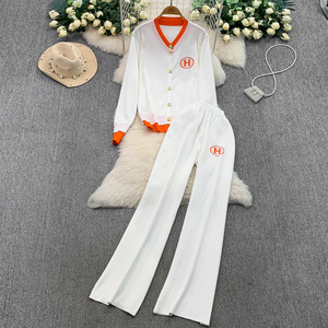 Dames 2-delige set, modieus gebreid setje, tweedelig met metalen knopen, geborduurde top, wijde broek met hoge taille - Product Image 3