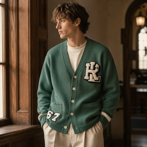 <span class=keywords><strong>Cardigan</strong></span> personalizzato da Varsity Factory OEM ciniglia lettera Patch <span class=keywords><strong>cotone</strong></span> misto <span class=keywords><strong>cotone</strong></span> maglieria produttore di <span class=keywords><strong>Cardigan</strong></span> Letterman Preppy - Product Image 5