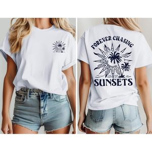 Camiseta de Playa para Mujer FOXA, Diseño Gráfico de Palmeras Perseguyendo el Atardecer, Camiseta de Verano para Vacaciones, 100% Algodón, Jersey Transpirable - Product Image 2