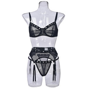 Wholesaler Sheer Mesh Underwear Black Lace Complex Punk Lingerie Garter Set Women Clothing - Product Image 5