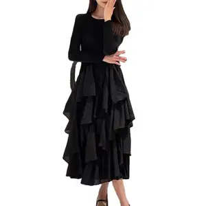 2024 Hot Selling Ladies Casual Pleated Stretch Loose Round Neck Long Sleeve Pleated Cake Dress