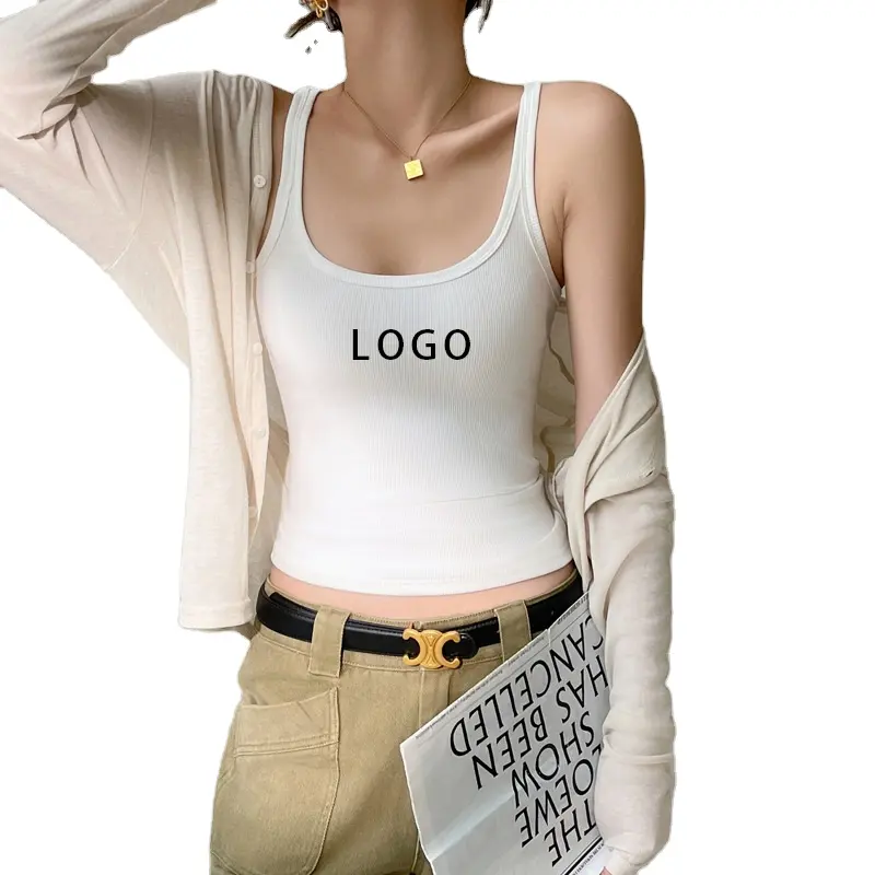 Camiseta de algodón sin mangas blanca personalizada para mujer, Camiseta corta acanalada a la moda, camiseta sin mangas informal de verano para mujer