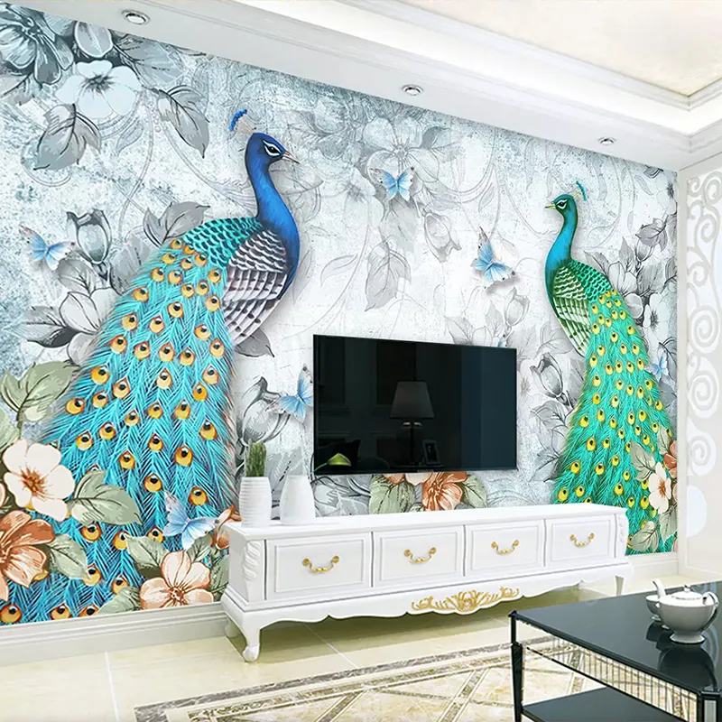 Custom 3D Photo Wall Paper Peacock Flower Butterfly TV Background Wall Mural Papel De Parede Wallpaper For Bedroom Walls Modern