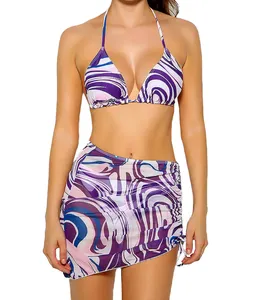 Custom Luxury Allover Print Halter Beach Skirt Triangle Sexy Thong String Bikini 3 Piece Bathing