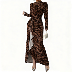 <span class=keywords><strong>Robe</strong></span> longue décontractée à manches longues pour femmes 2025, imprimé léopard, taille haute, fente haute, volants, robes sexy pour femmes - Product Image 3