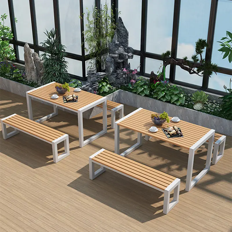 Modern açık masa ve sandalye mobilya rahat açık bahçe plastik ahşap masa ve sandalye açık Metal masa ve sandalye